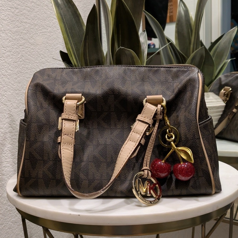Michael Kors Grayson Monogram Satchel Bag Women's Medium Brown Cherry Charm MK